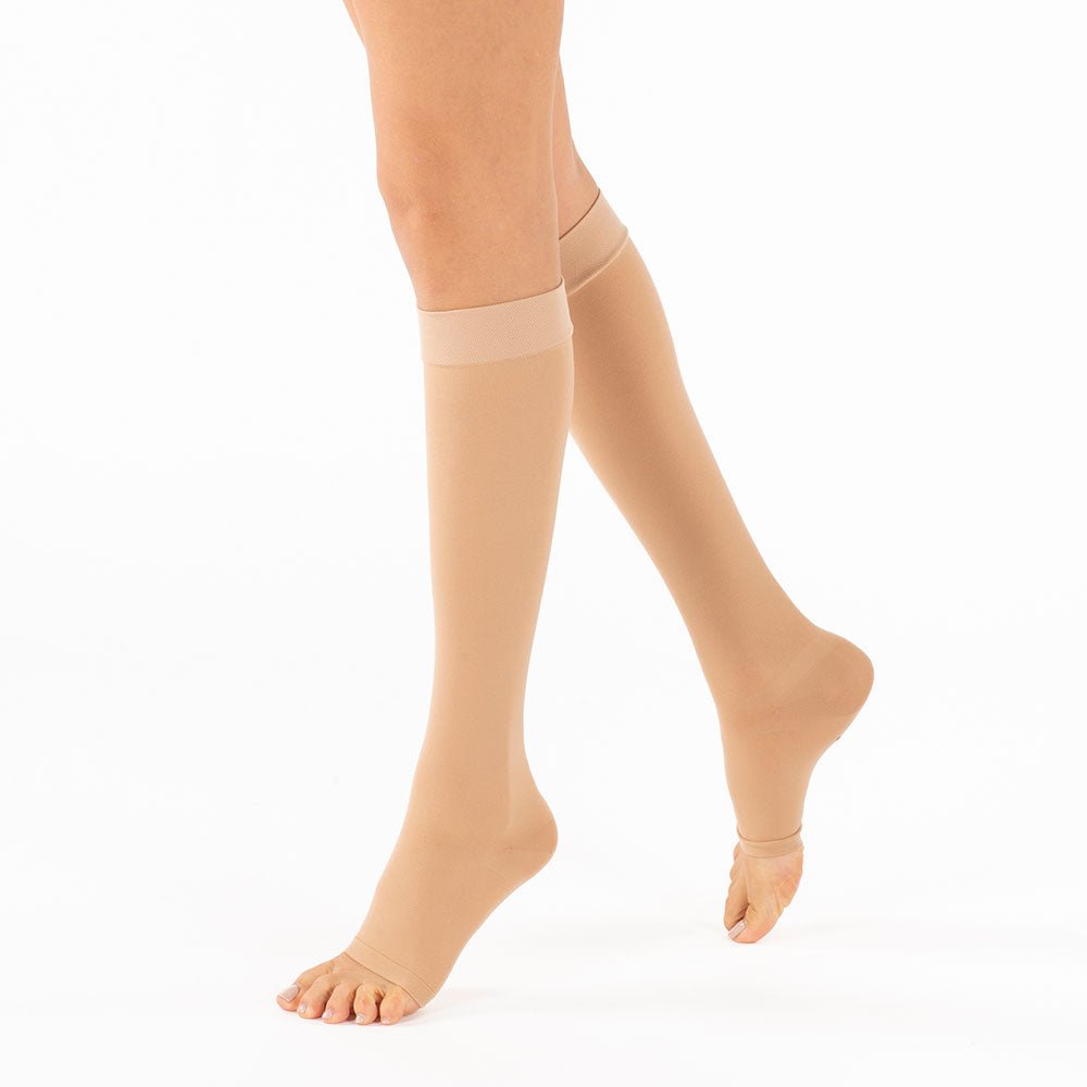 Supporo open toe compression knee-high stockings for improved circulation and swelling relief.