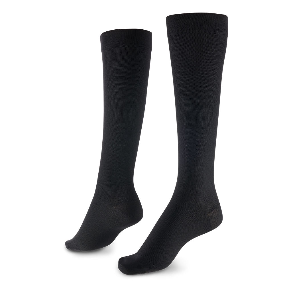 Knee-high black compression socks providing 15-20 mmHg support for comfort and energy.