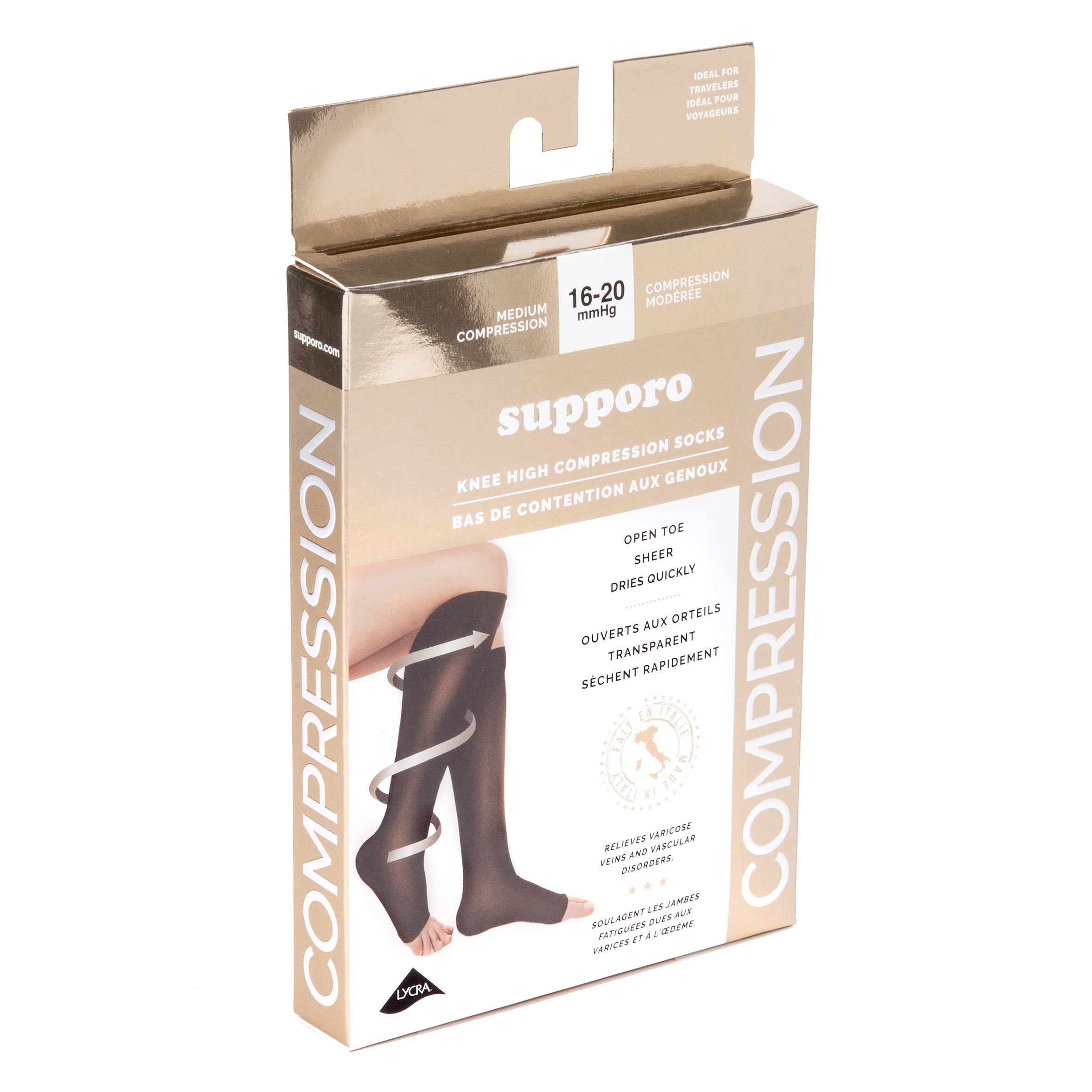 Open toe compression knee-high stockings, 16-20 MMHG